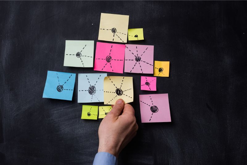 Haftnotizen mit vernetzten Punkten und Linien auf dunklem Hintergrund – symbolische Darstellung von Digitalisierung, Systemdenken, Prozessvernetzung und digitaler Transformation ohne klare Zieldefinition