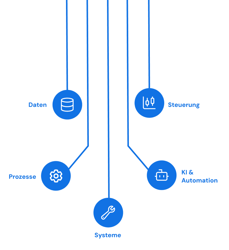 Ebenen des ERP Consulting: Daten, Prozesse, Systeme, KI & Automation, Steuerung